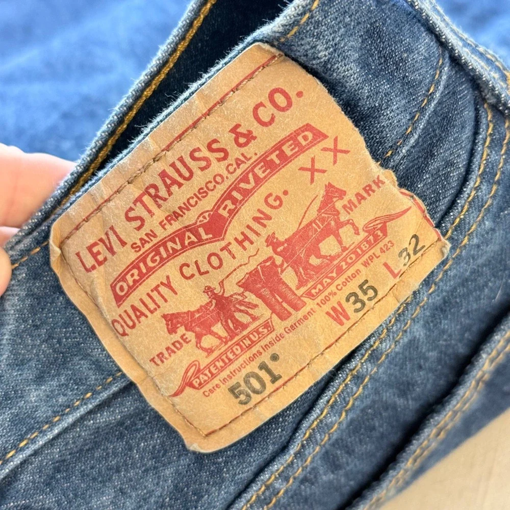 Levis 501 Original Straight Fit Jeans Mens 35x32 Dark Wash Blue Denim Button Fly